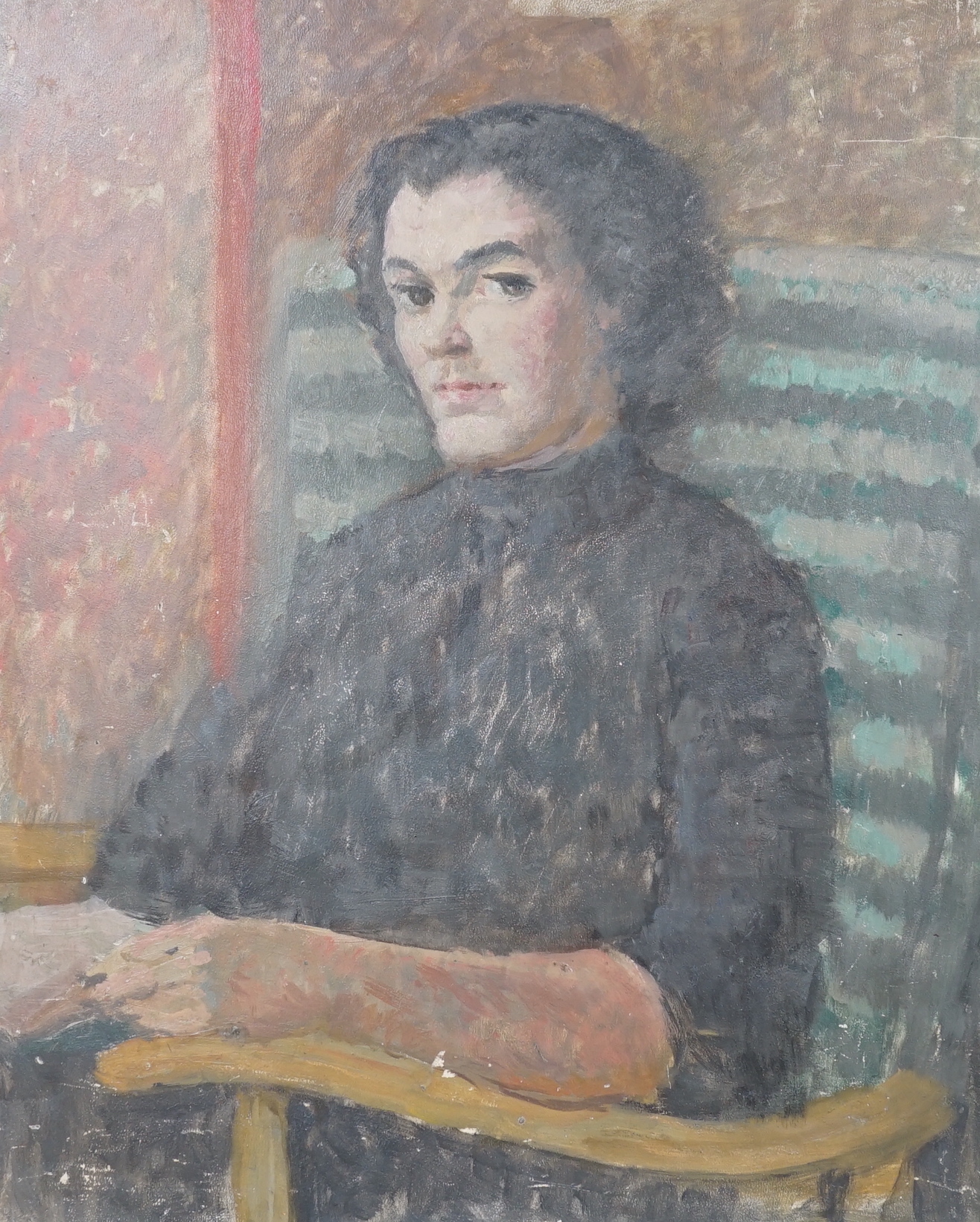 Hubert Wellington (1879-1967), oil on wooden panel, Portrait of a lady, possibly Margot Stueler, inscribed verso, 41 x 33cm, unframed